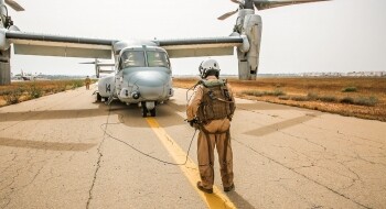 Entraînement d'un MV-22 aircraft dans le cadre de l'exercice militaire African Lion 2021 vers la ville de Tan-Tan