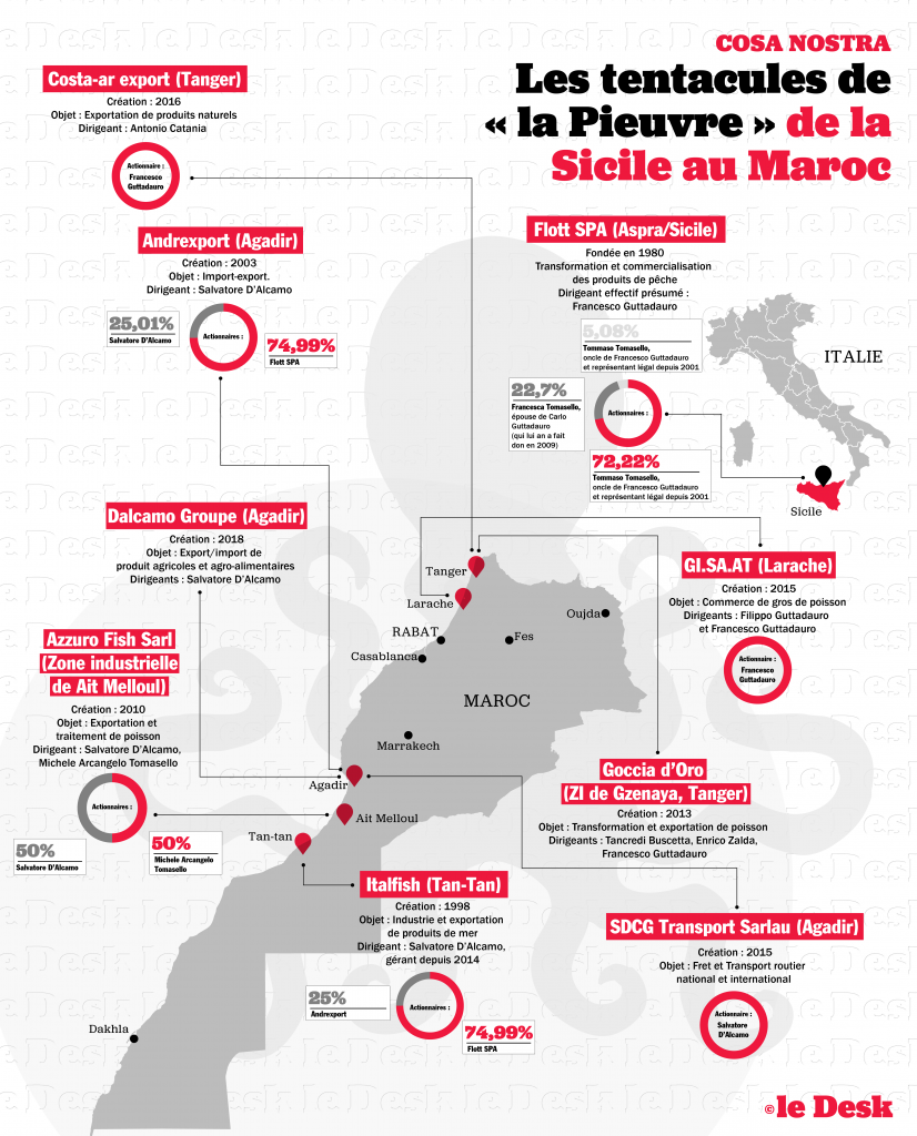 Les entreprises de pêche de Cosa Nostra au Maroc. Infographie: Mohamed Mhannaoui / Le Desk