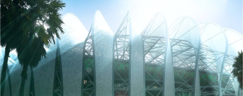 Maquette du Grand stade de Casablanca, désignée par Archidesign et SCAU. Le projet a remporté le 1er prix lors du précédent concours architectural.