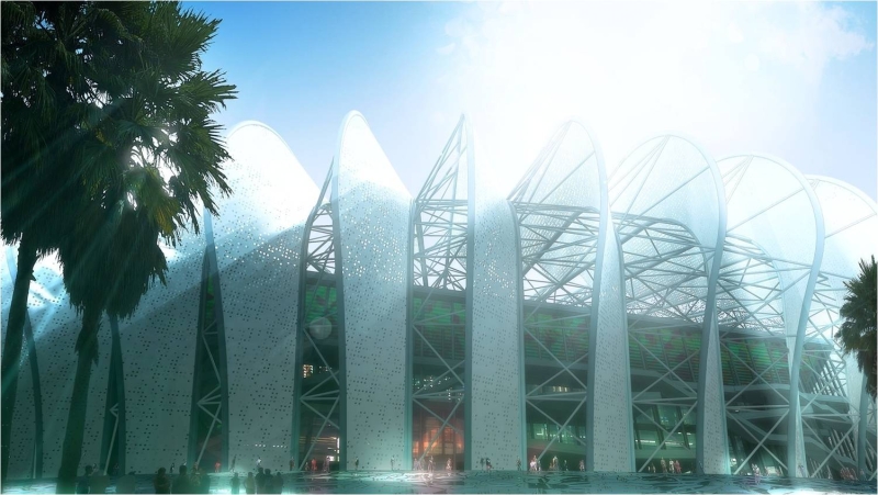 Maquette du Grand stade de Casablanca, désignée par Archidesign et SCAU. Le projet a remporté le 1er prix lors du précédent concours architectural.