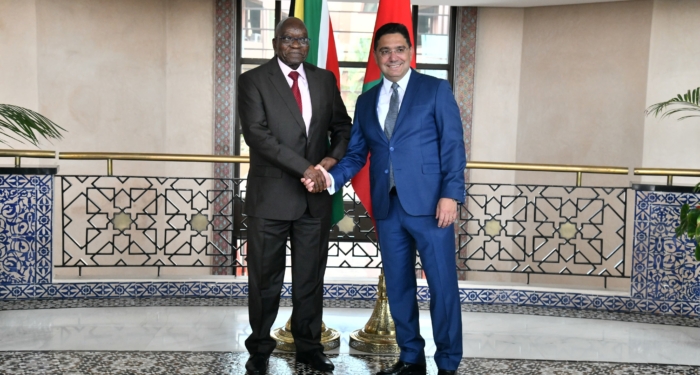 Jacob Zuma, ex-président sud-africain reçu à Rabat le 15 juillet 2025 par Nasser Bourita. Crédit: MAE