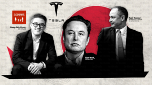 Sheng-Shih Chang, CEO d’Aleees, Elon Musk, CEO de Tesla et Ryad Mezzour, ministre de l’Industrie et du Commerce. Création: Fatima Zahra Ouazzani Touhami / Le Desk