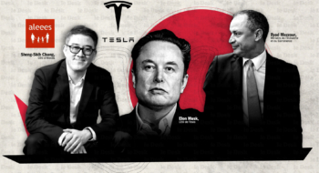 Sheng-Shih Chang, CEO d’Aleees, Elon Musk, CEO de Tesla et Ryad Mezzour, ministre de l’Industrie et du Commerce. Création: Fatima Zahra Ouazzani Touhami / Le Desk