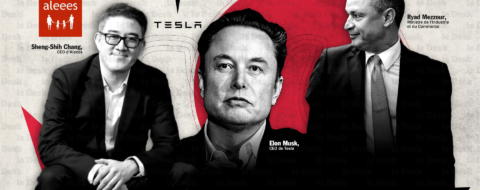 Sheng-Shih Chang, CEO d’Aleees, Elon Musk, CEO de Tesla et Ryad Mezzour, ministre de l’Industrie et du Commerce. Création: Fatima Zahra Ouazzani Touhami / Le Desk