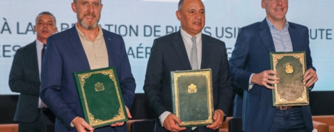 Cérémonie de signature de protocoles d'accords entre le ministère de l'Industrie et le groupe américain Collins Aerospace en marge de la huitième édition du salon Aerospace Meetings Casablanca, le 30 septembre 2025. Crédit : Le Desk