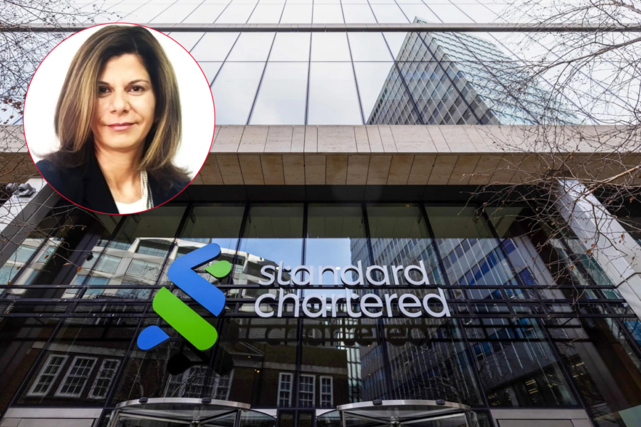 Le siège de Standard Chartered à Londres. En médaillon : Cynthia El Asmar, directrice générale du bureau de représentation et directrice de la zone Maroc.
