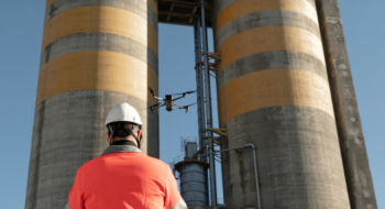Un collaborateur du cimentier portugais Cimpor, manipulant un drone via un réseau de 5G industrielle.