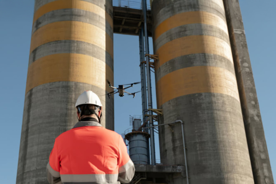 Un collaborateur du cimentier portugais Cimpor, manipulant un drone via un réseau de 5G industrielle.