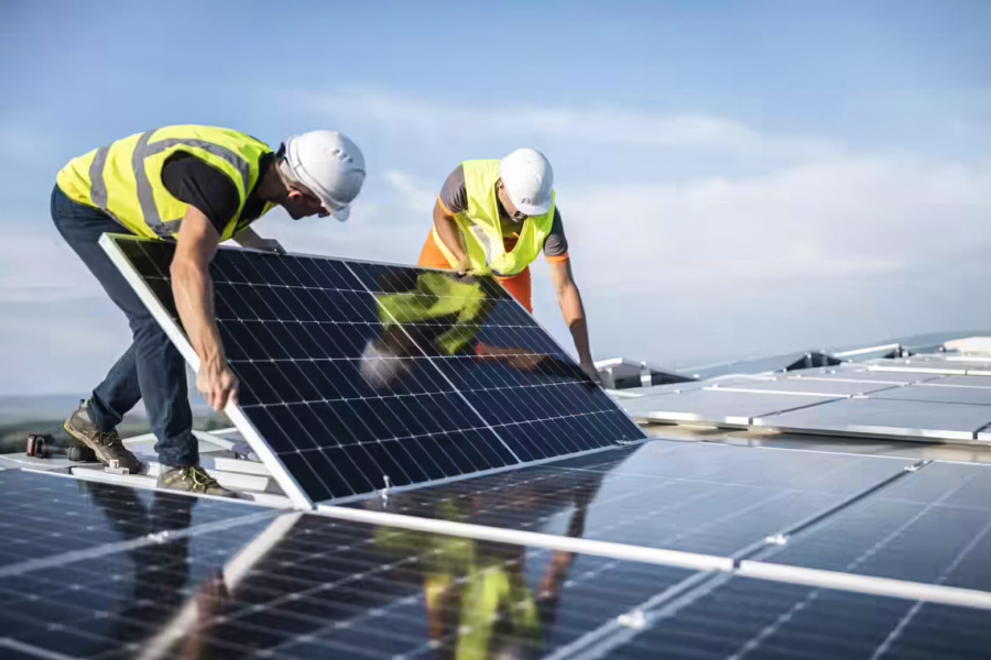 Des techniciens installant des panneaux solaires en toiture.