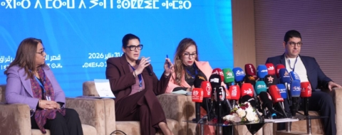 Fatima Saâdi, Fatima Ezzahra El Mansouri, Najwa Koukous et Mehdi Bensaïd, lors de la conférence de presse tenue le 30 janvier 2026 à Salé, à l’issue du Conseil national du PAM.