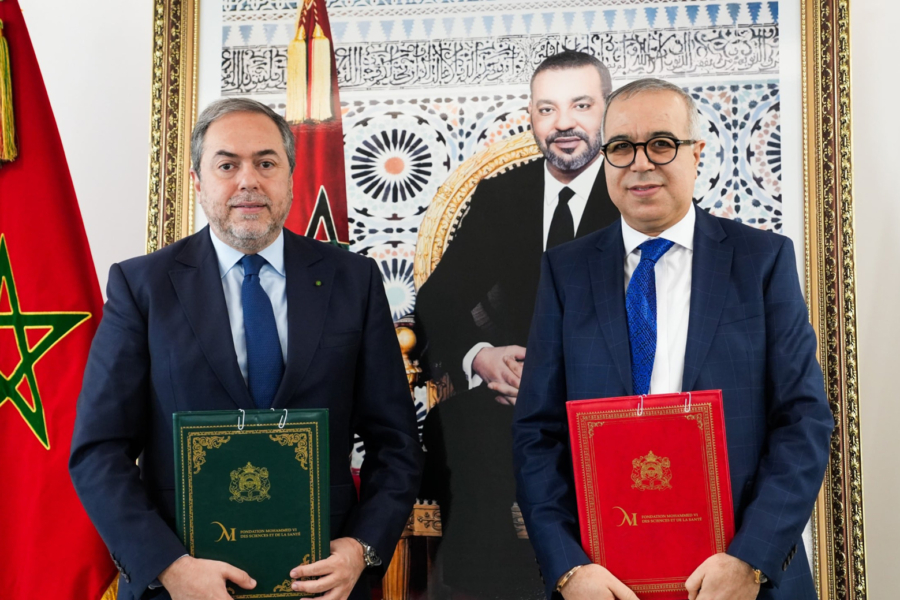 Abdelhamid Addou, PDG de Royal Air Maroc, et Pr Lahcen Belyamani, PDG de la Fondation Mohammed VI des sciences et de la santé.