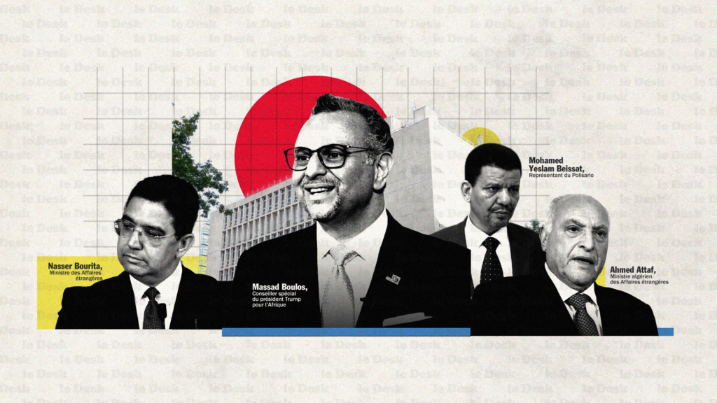 Nasser Bourita, ministre des Affaires étrangères, Massad Boulos, conseiller principal du président Trump pour l'Afrique et le Moyen-Orient, Mohamed Yeslam Beissat, représentant du Polisario et Ahmed Attaf, ministre algérien des Affaires étrangères. Création : Mohamed Mhannaoui / Le Desk
