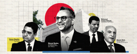 Nasser Bourita, ministre des Affaires étrangères, Massad Boulos, conseiller principal du président Trump pour l'Afrique et le Moyen-Orient, Mohamed Yeslam Beissat, représentant du Polisario et Ahmed Attaf, ministre algérien des Affaires étrangères. Création : Mohamed Mhannaoui / Le Desk