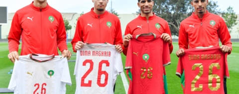 Présentation officielle des nouveaux maillots de l’équipe nationale, signé Puma, par les Lions de l'Atlas Yassine Bounou, Adam Aznou, Achraf Hakimi et Azzedine Ounahi.