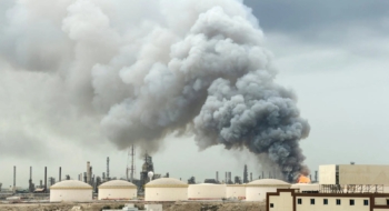 De la fumée s'élève après une frappe sur la raffinerie de pétrole Bapco, sur l'île de Sitra, à Bahreïn, le 9 mars 2026.