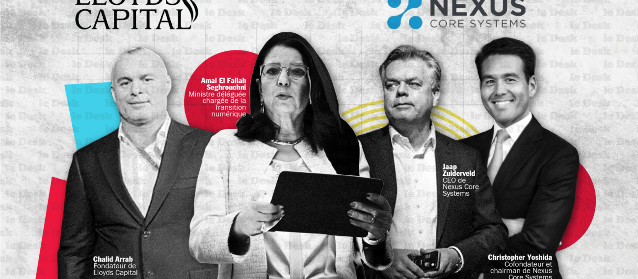 Amal El Fallah Seghrouchni, ministre déléguée chargée de la Transition numérique, Christopher Yoshida, co-fondateur et chairman de Nexus Core Systems, Jaap Zuiderveld, CEO de Nexus Core Systems et Chalid Arrab, fondateur de Lloyds Capital