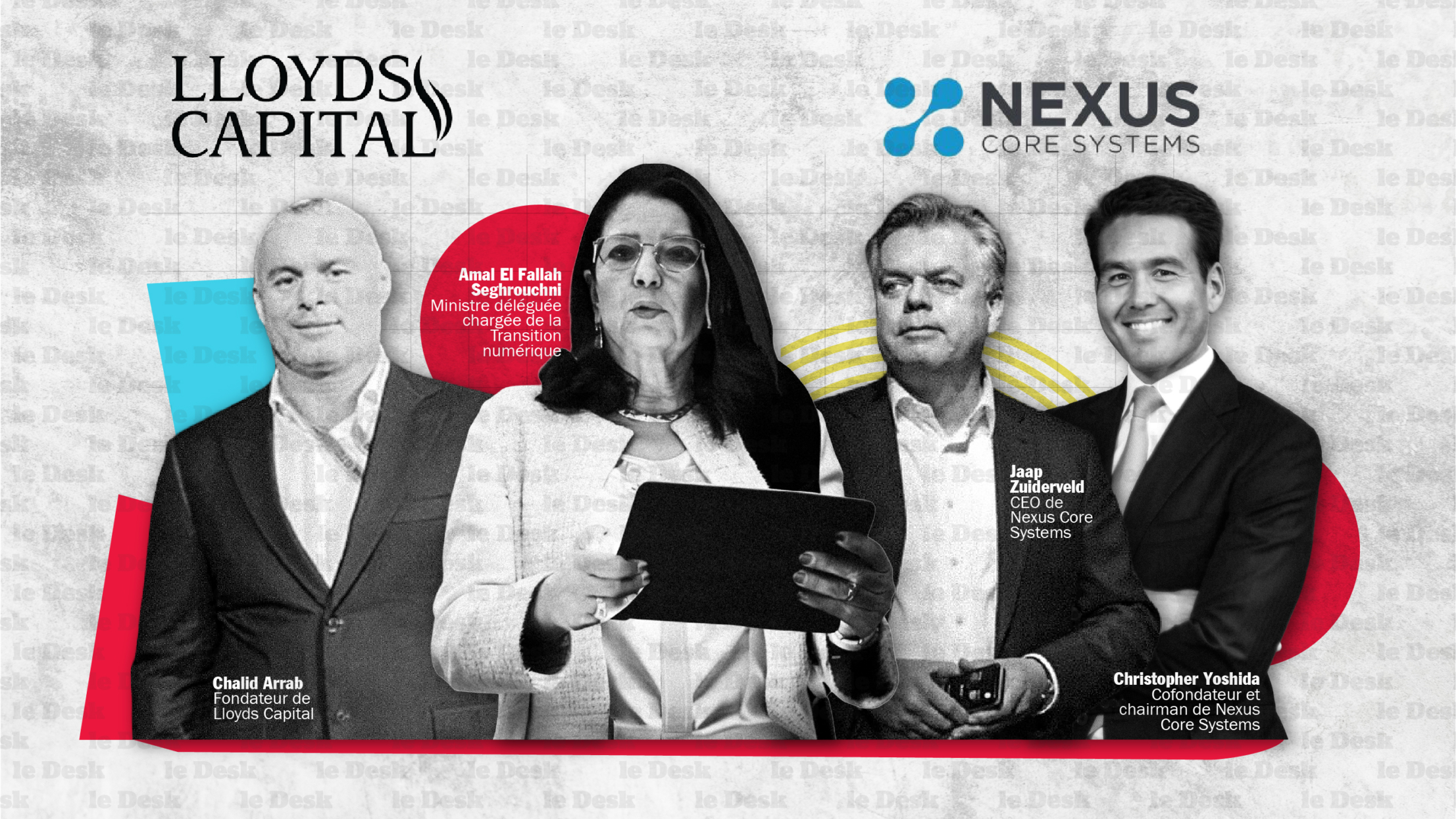 Amal El Fallah Seghrouchni, ministre déléguée chargée de la Transition numérique, Christopher Yoshida, co-fondateur et chairman de Nexus Core Systems, Jaap Zuiderveld, CEO de Nexus Core Systems et Chalid Arrab, fondateur de Lloyds Capital