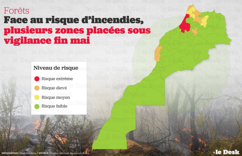 La carte des zones à risque d’incendies de forêt, couvrant la période allant du 26 au 29 mai 2026, publiée par l’Agence nationale des eaux et forêts (ANEF).