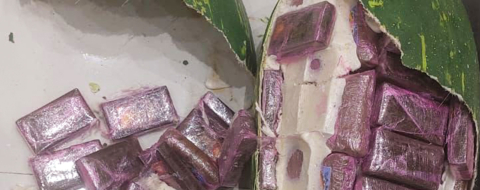 Des blocs de haschich dissimulés dans des coques en plastique imitant des pastèques, saisis par la police judiciaire de Tanger. Crédit : DGSN