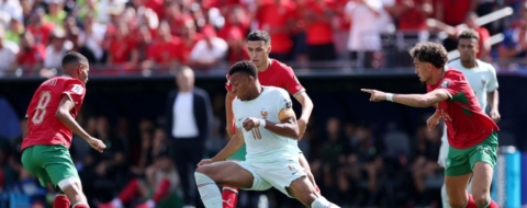 Mbappé au milieu de Ounahi, El Khannouss et El Aynaoui lors de France-Maroc à la Coupe du monde en quarts, le 9 juillet 2026 à Boston