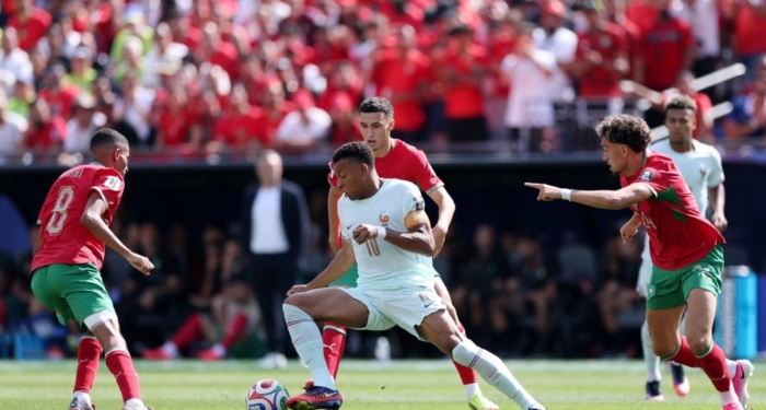 Mbappé au milieu de Ounahi, El Khannouss et El Aynaoui lors de France-Maroc à la Coupe du monde en quarts, le 9 juillet 2026 à Boston